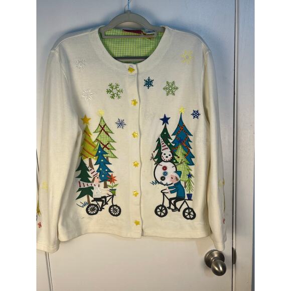 Onque Casuals Ugly Christmas Cardigan Sweater Medium Embroidered Snowman - Picture 1 of 9